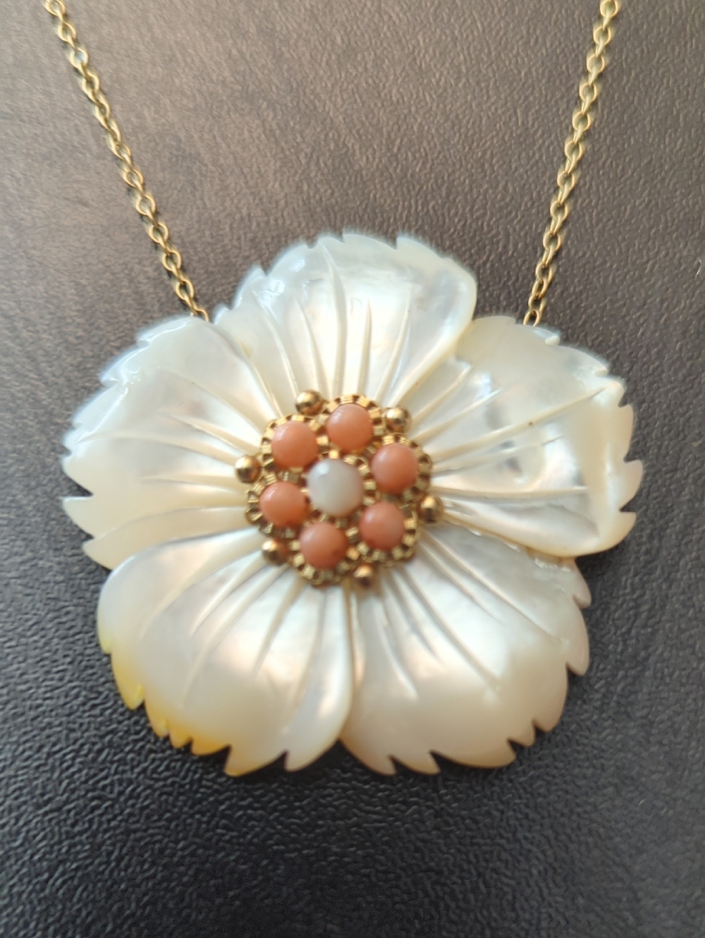 Beautiful Carved MoP And Angelskin Coral Necklace